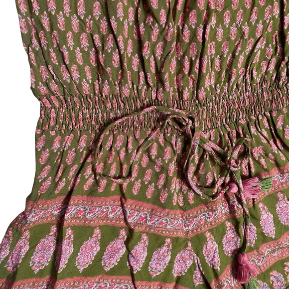 Anthropologie Raga Off-Shoulder Romper Green Pink Boho Pom-Pom Trim Size Small - Picture 7 of 15